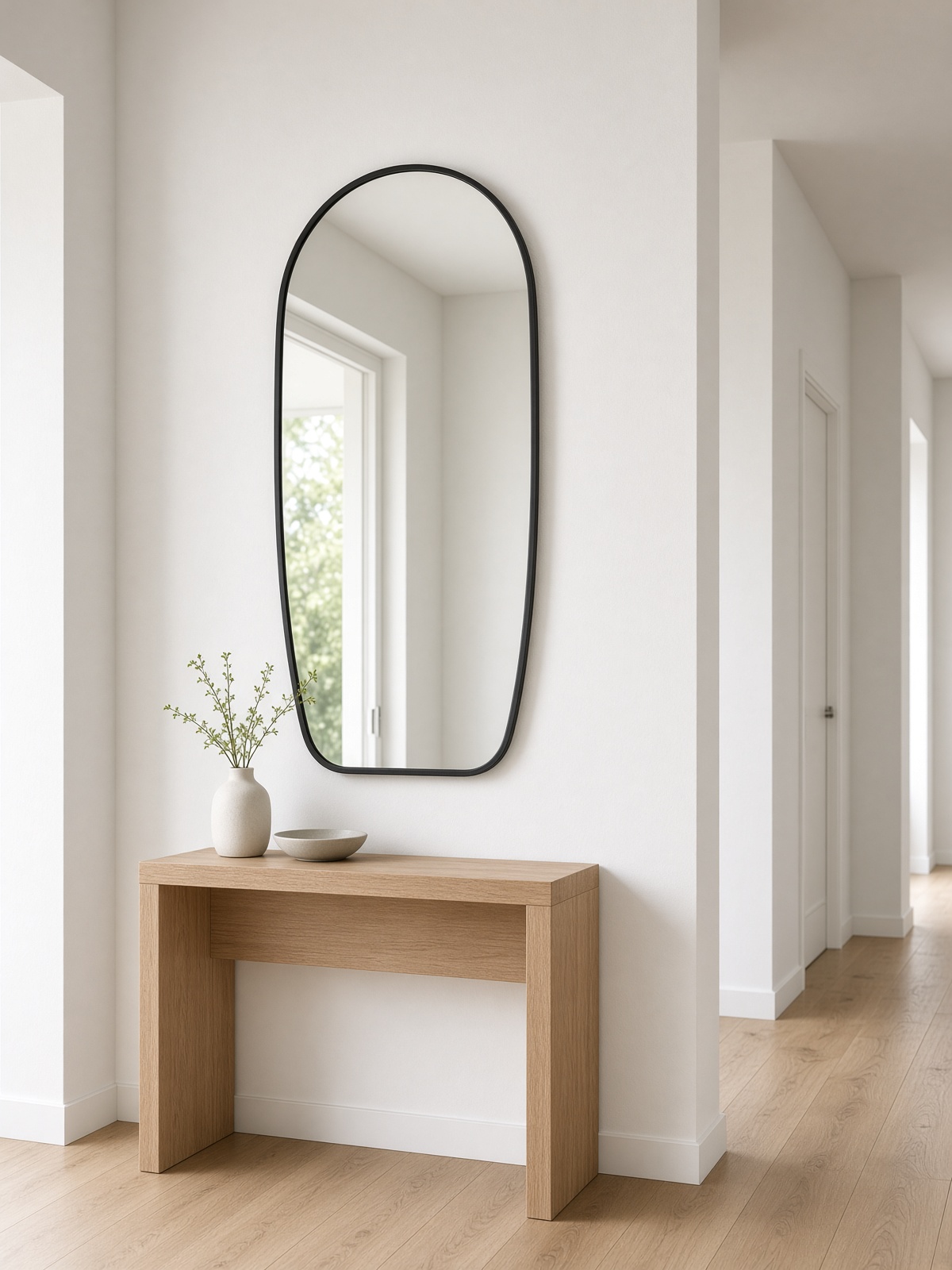 A black iron arched wall mirror in a pale hall.