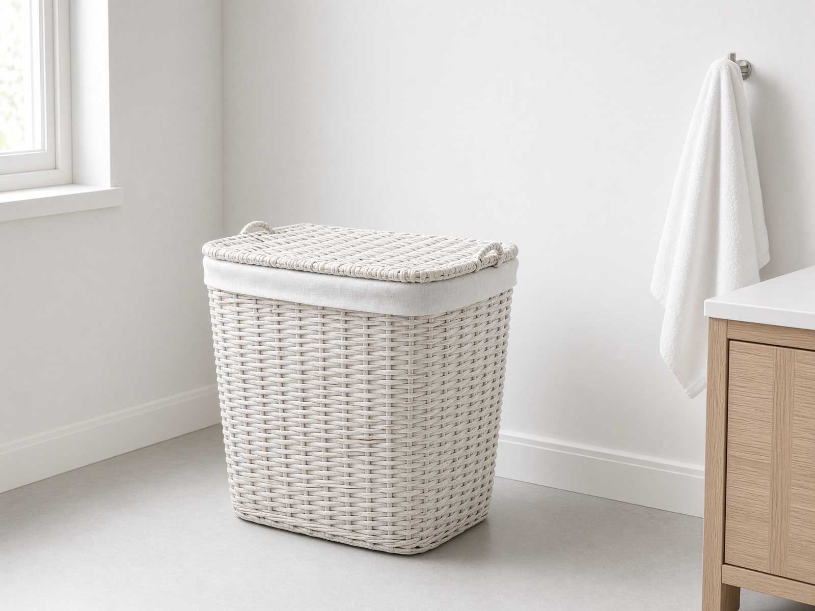 A whitewash wicker laundry basket with a lid, in a pale corner.