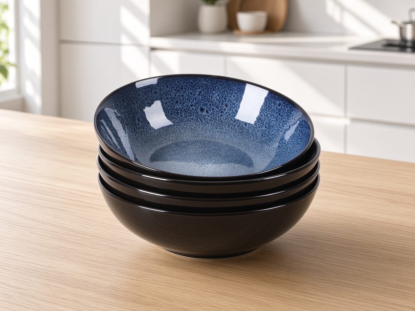 Four dark ceramic bowls with a speckled blue glaze, stacked on an oak table.