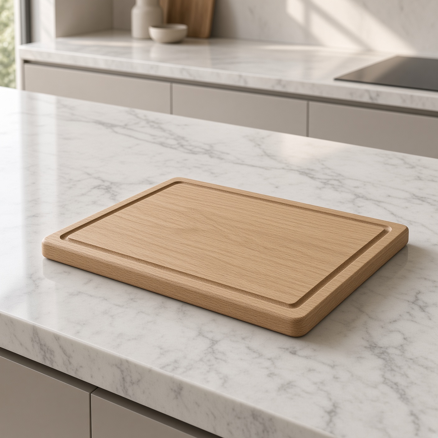 A thick oak chopping board on a worktop.
