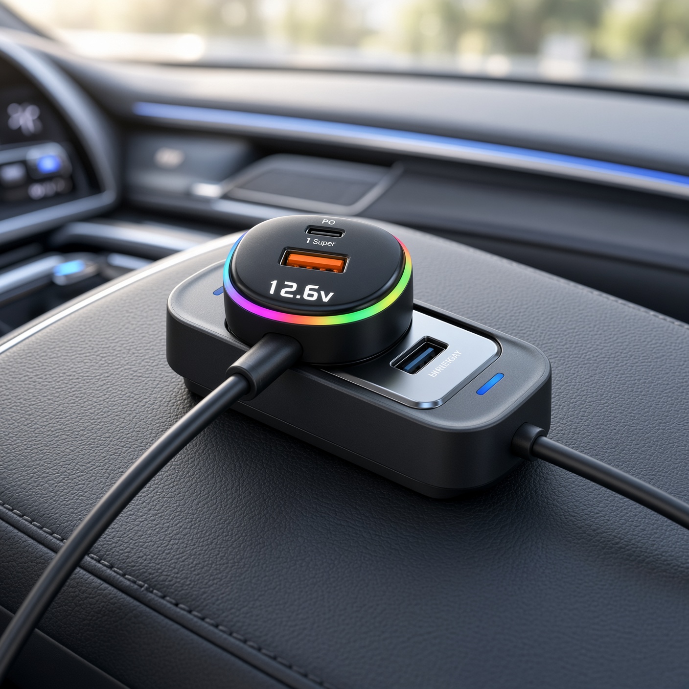 A black car charger plugged into a 12-volt socket, with a second block of ports on the console.