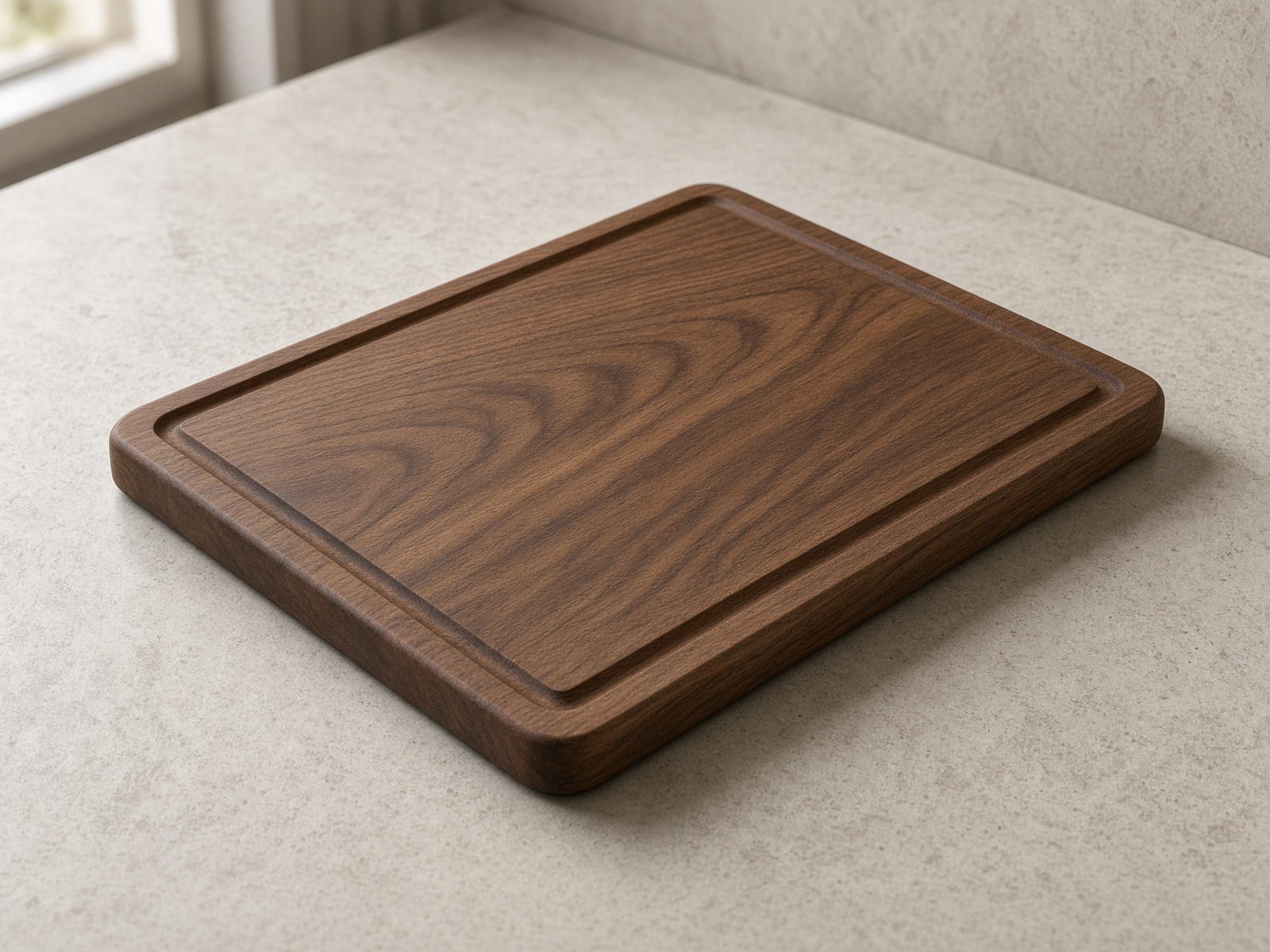An acacia chopping board on a pale counter.