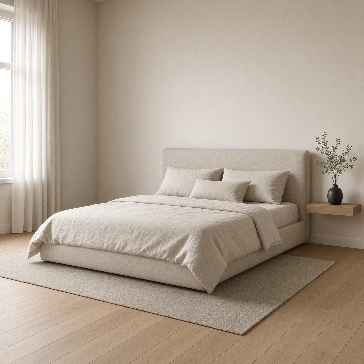 An oatmeal linen upholstered double bed in a pale bedroom.