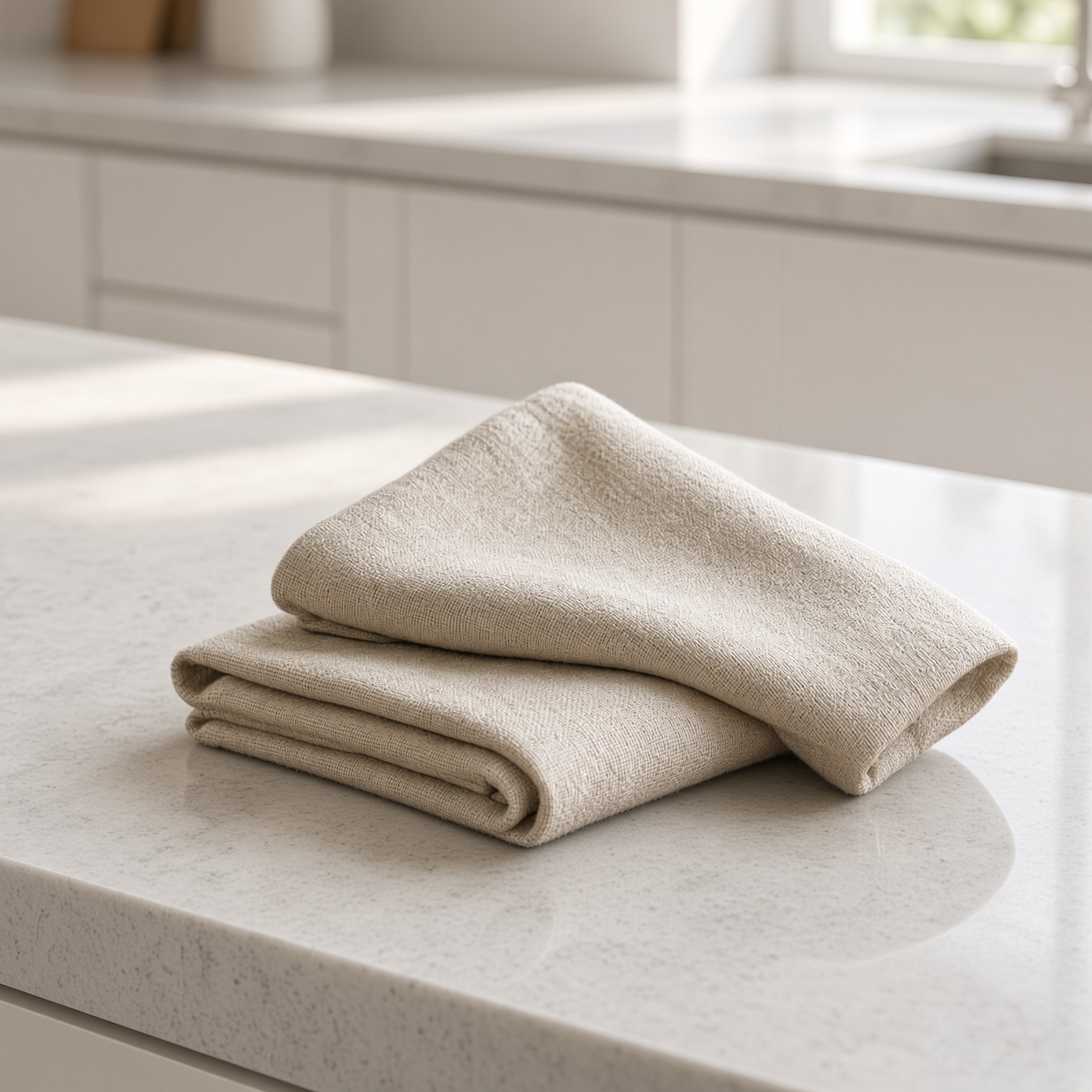 Two folded oat linen tea towels.