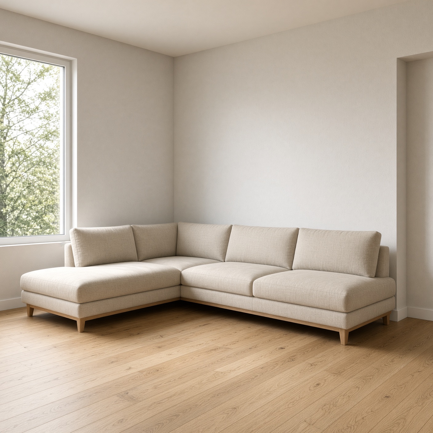 An oatmeal linen corner sofa in an empty room.