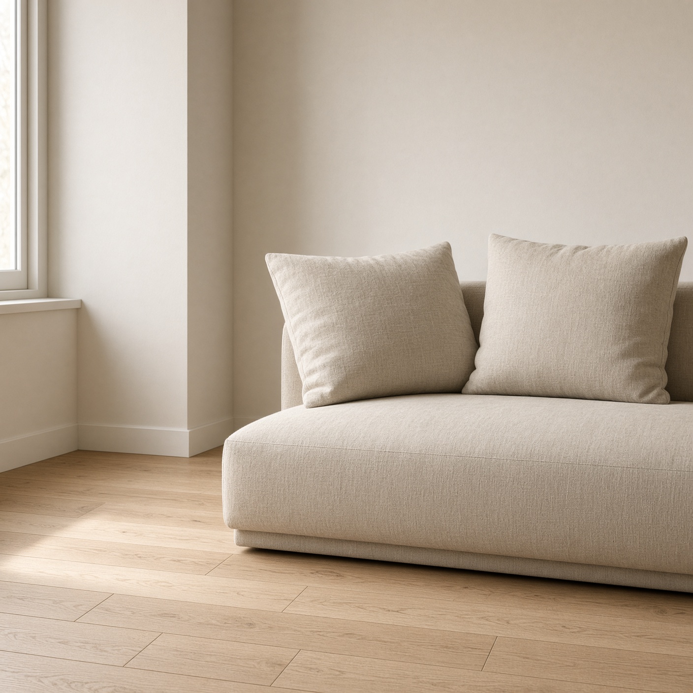 Two oatmeal linen cushions on a sofa.