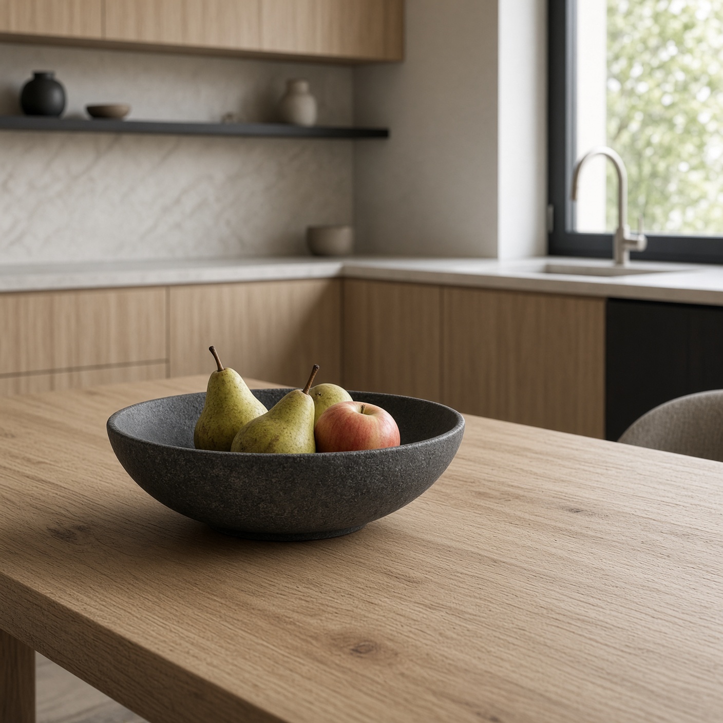 A charcoal stoneware bowl of fruit on an oak table.