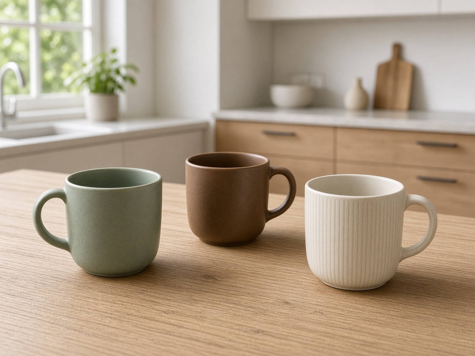 Three stoneware mugs on a pale oak table.
