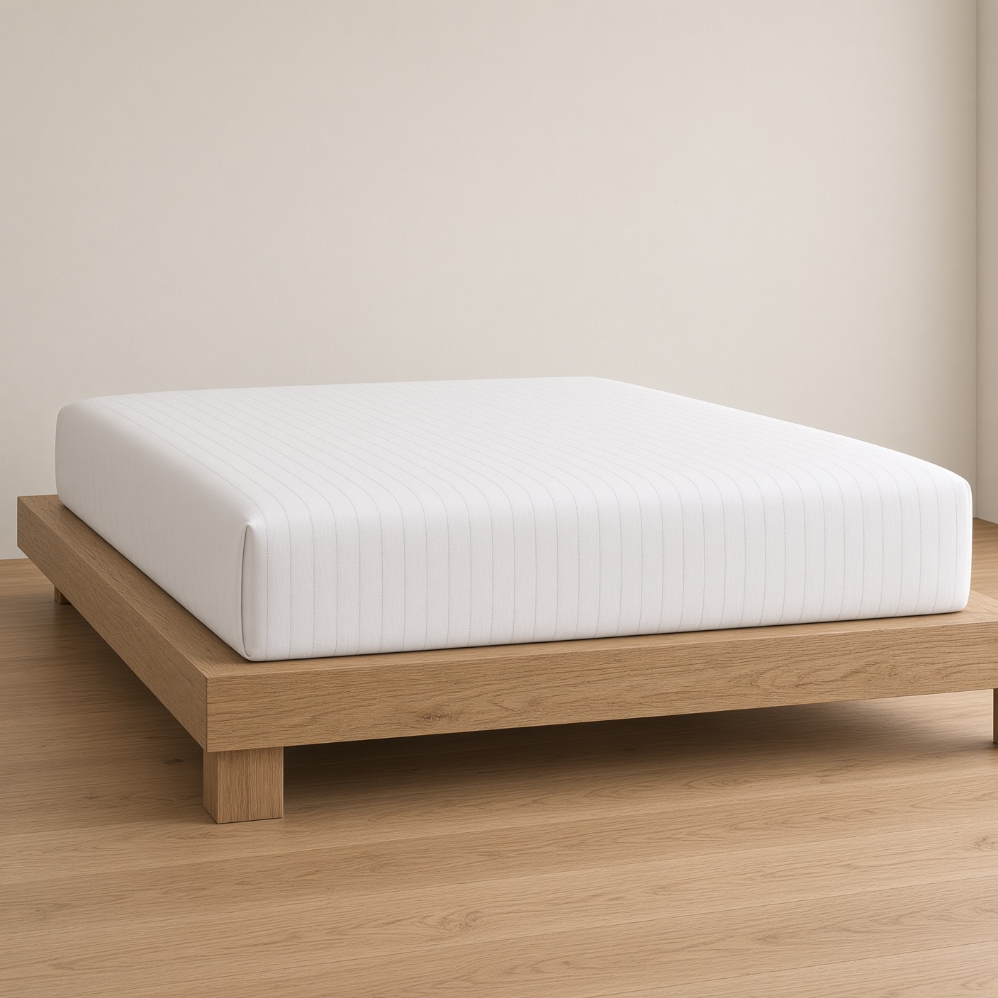 A thick king mattress on a low oak base.