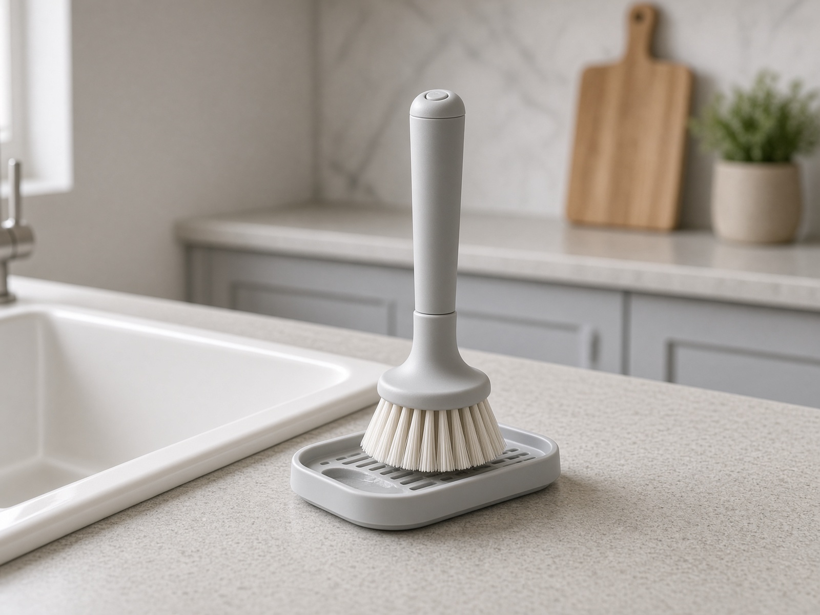 A pale dish brush with a soap reservoir, by a sink.