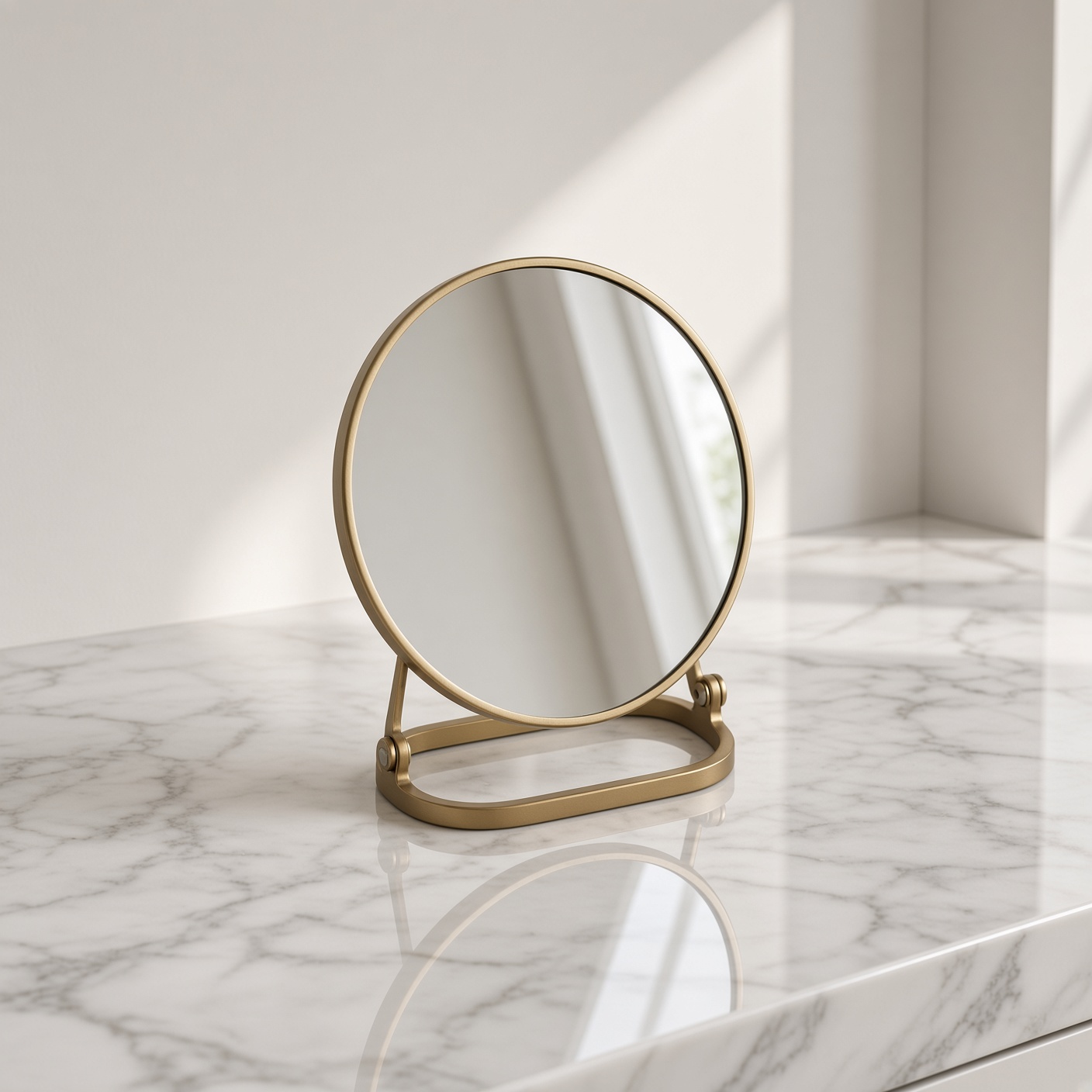 A round brass table mirror on linen.