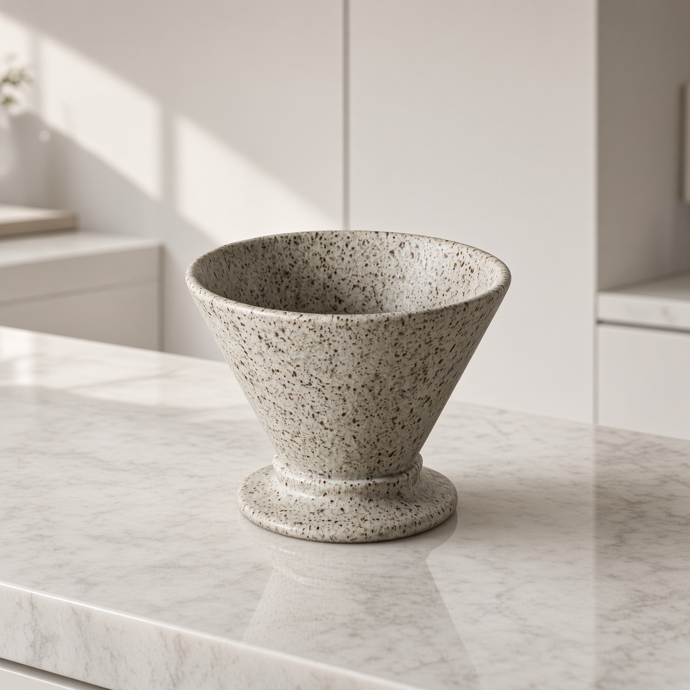 A speckled stoneware pour-over coffee dripper.