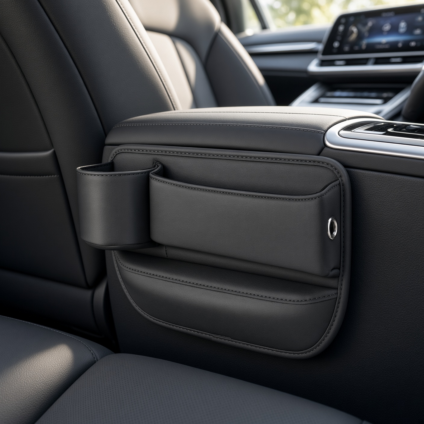 A black leather-look pocket sitting in the gap beside a car seat.