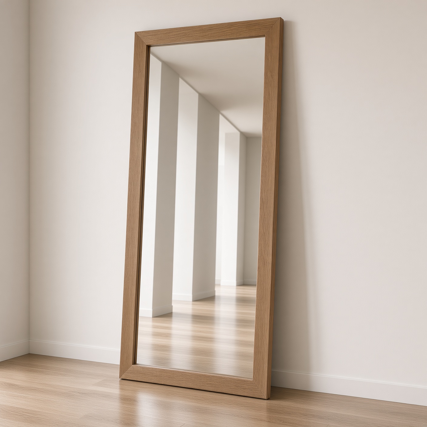 A wide oak floor mirror leaning in an empty hall.