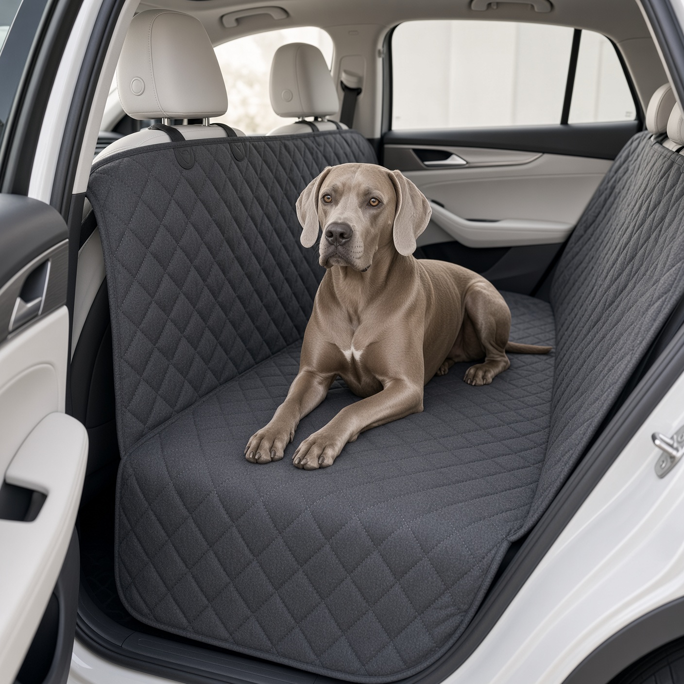 The quilted cover opened across a rear car seat, with a dog sitting on it.
