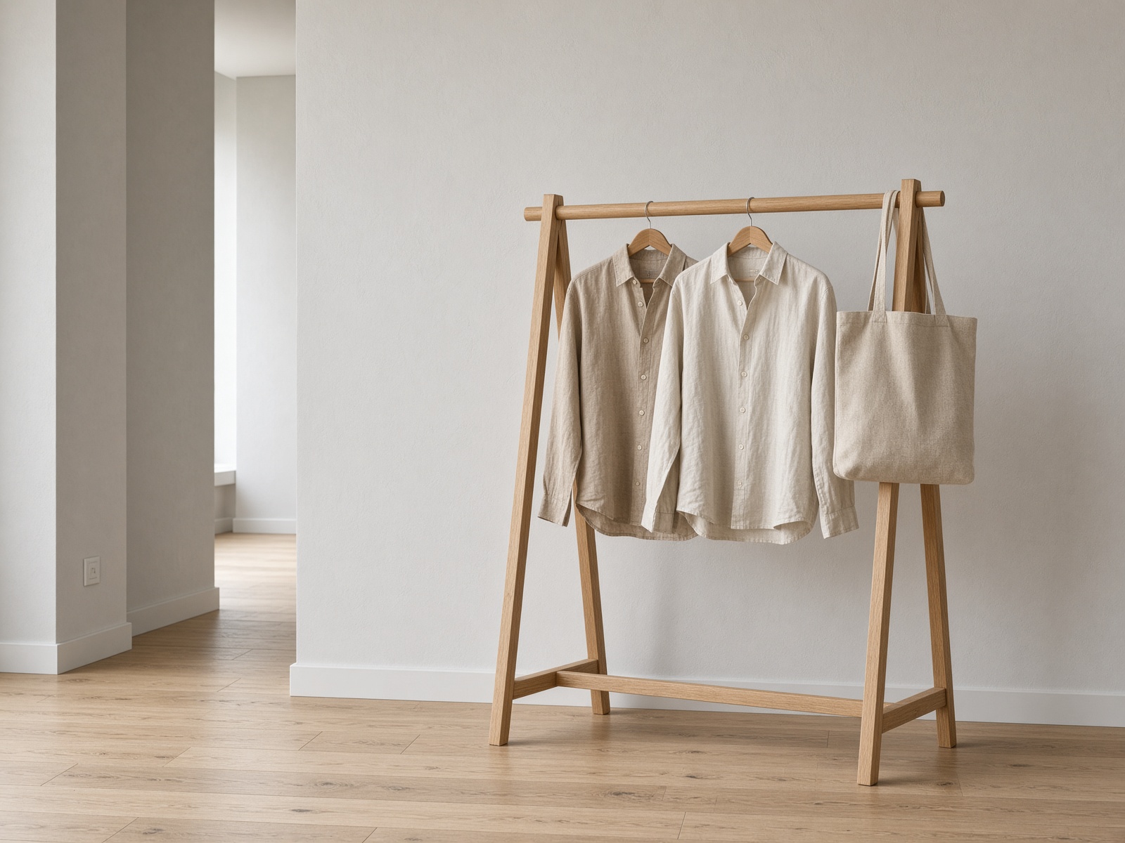 A light oak clothes rail in a pale hall.