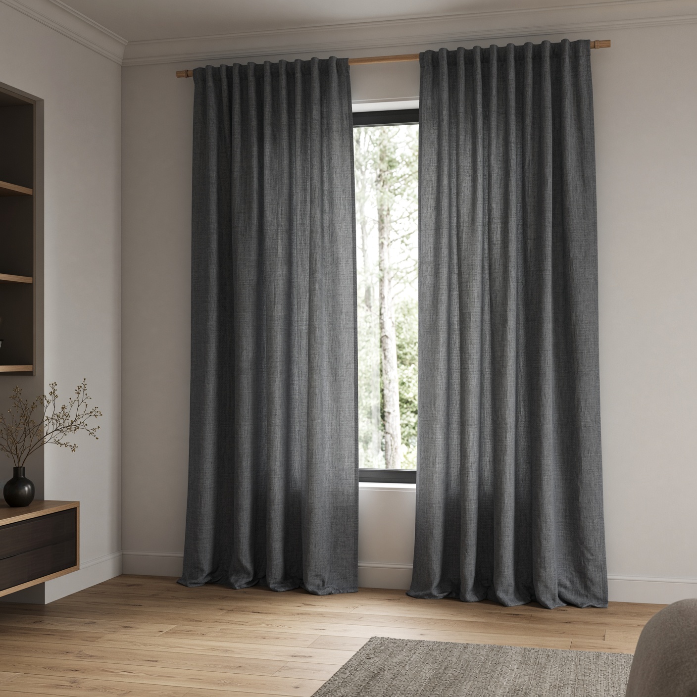 Charcoal linen curtains beside a tall window.