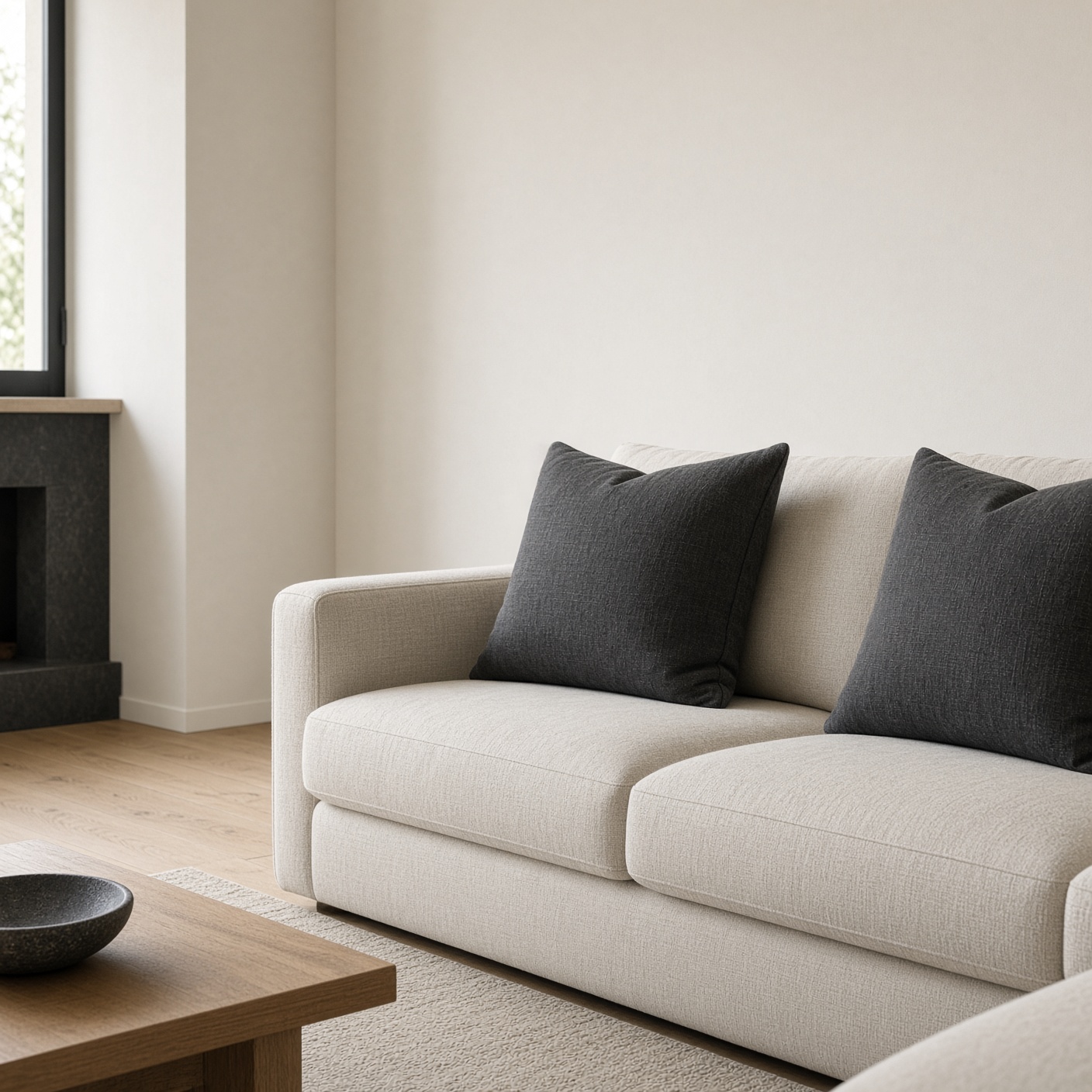 Two charcoal linen cushions on an oatmeal sofa.