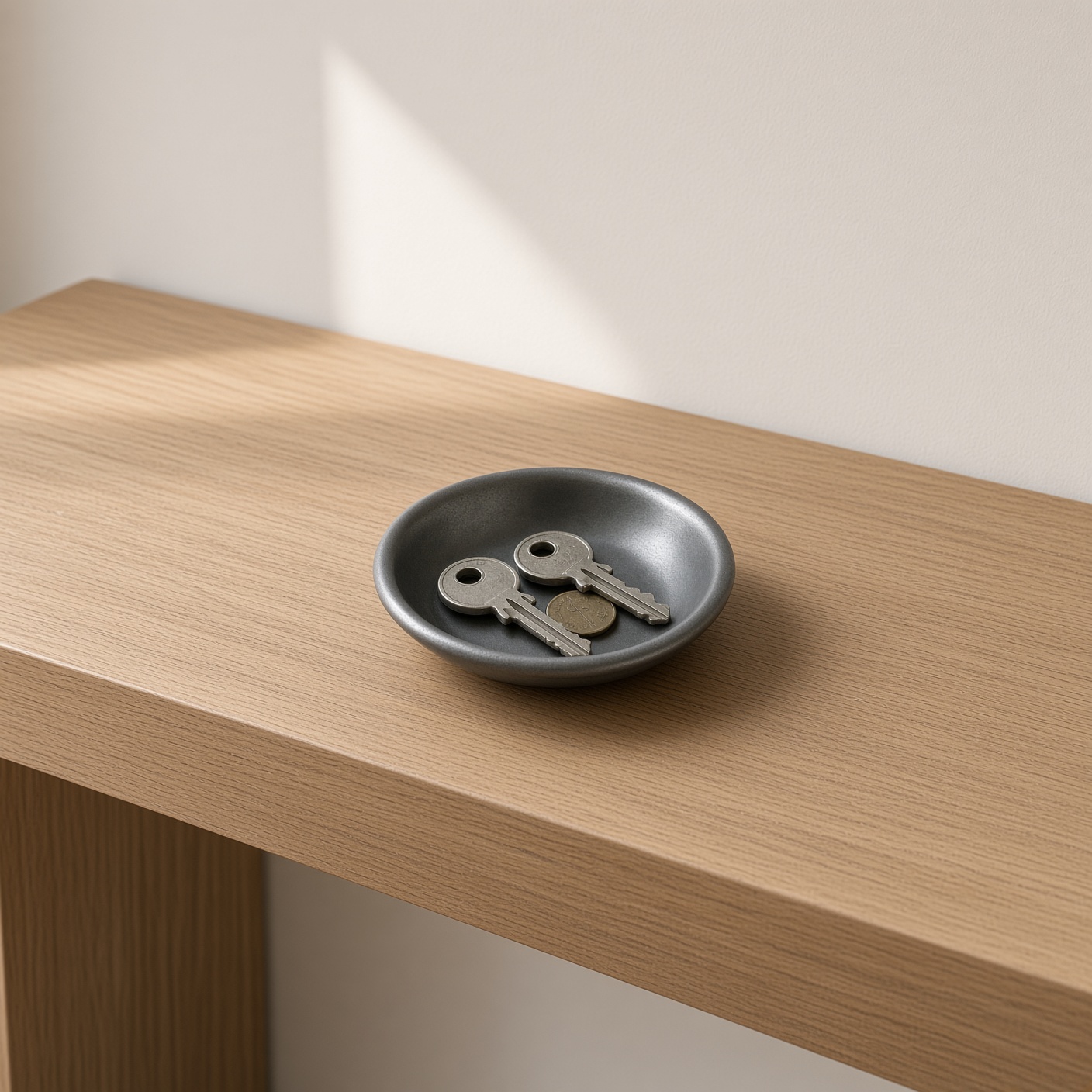 A steel dish holding keys and a coin.