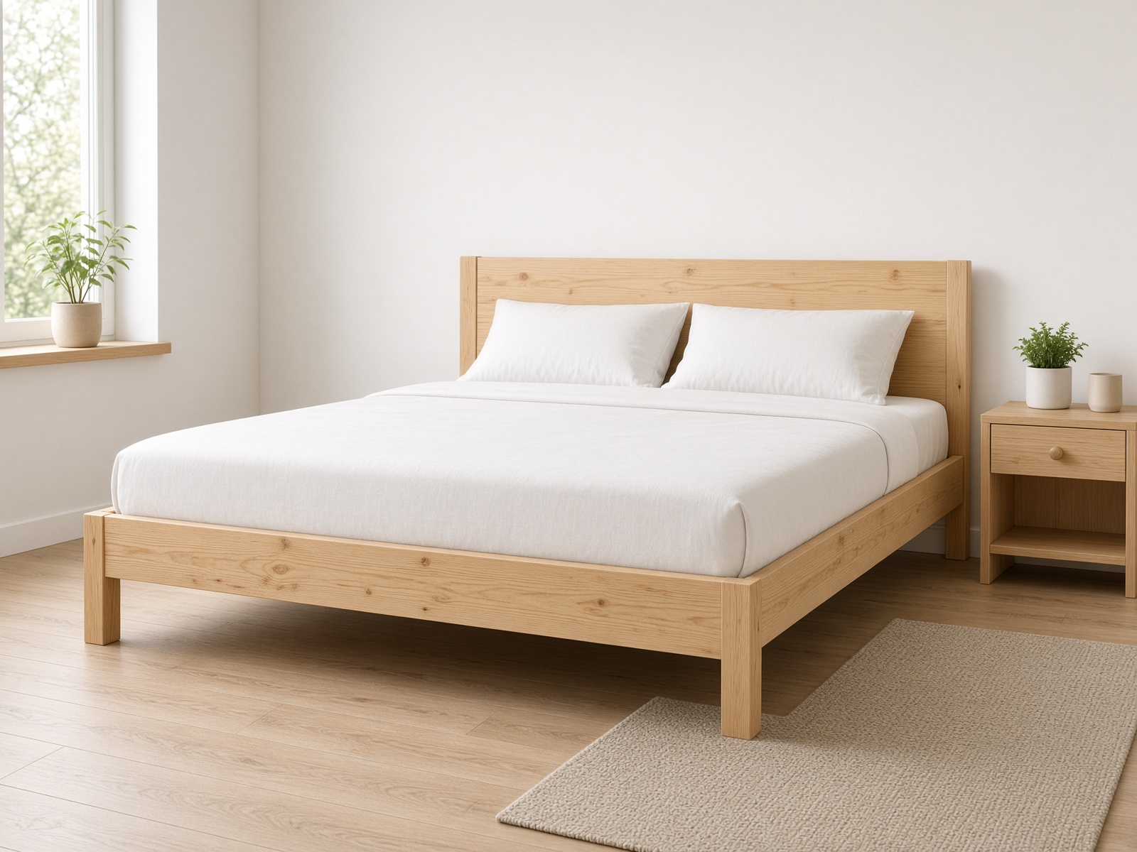 A wide solid-pine bed in a pale bedroom.