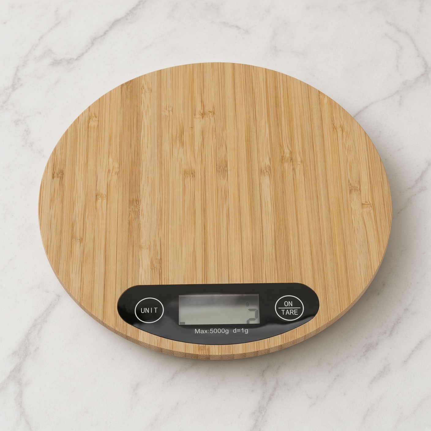 A round bamboo kitchen scale on a stone counter.