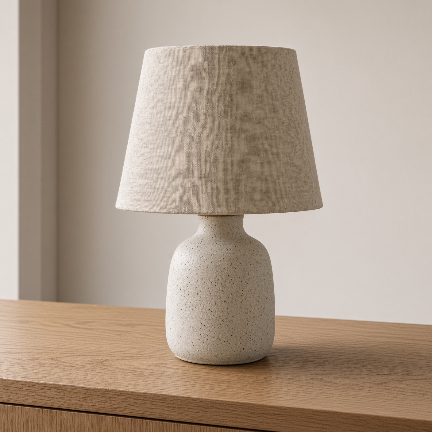 A ceramic lamp with an oatmeal linen shade.
