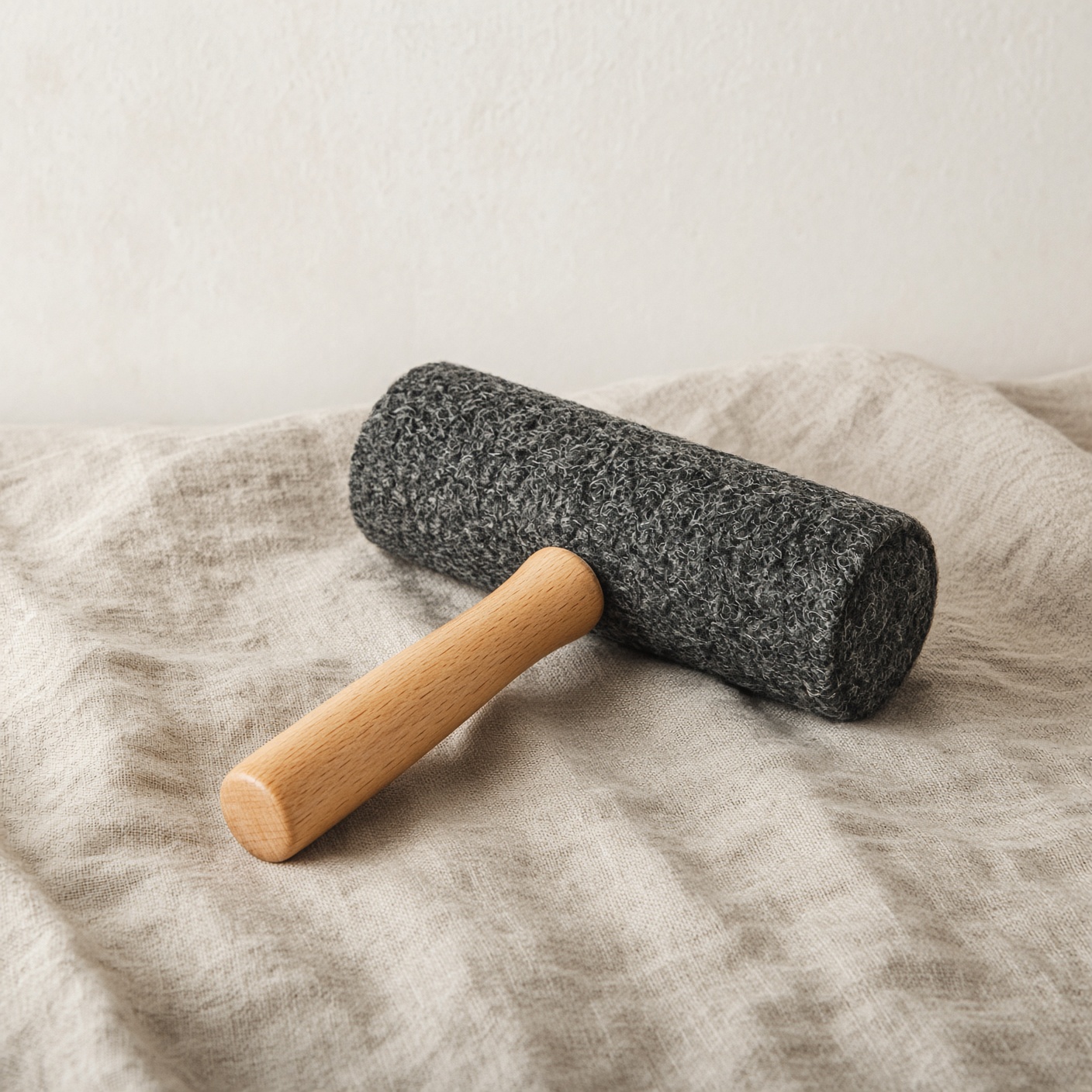 A wool lint roller with a pale wooden handle.