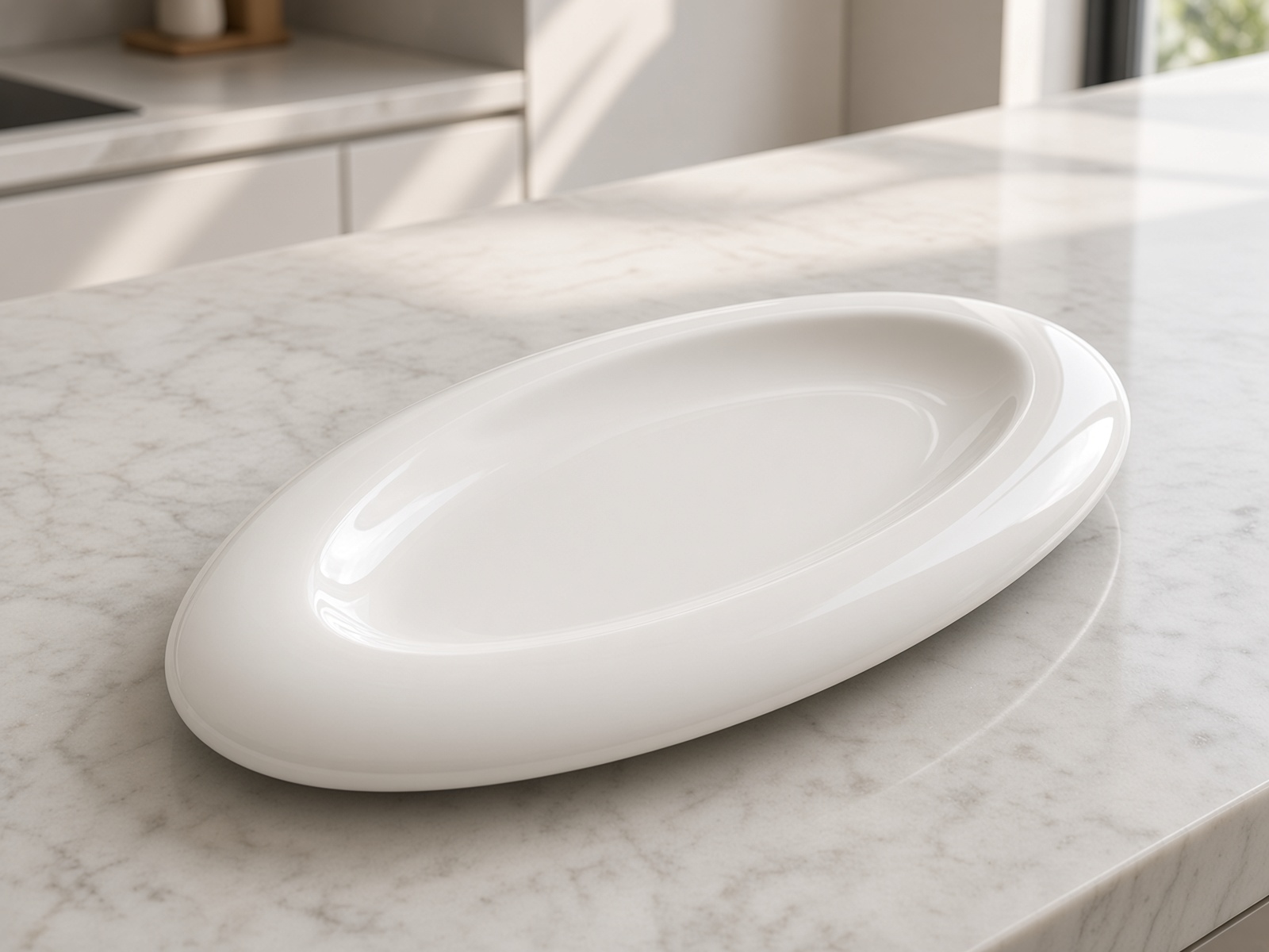 An empty white oval serving plate on a pale stone counter.