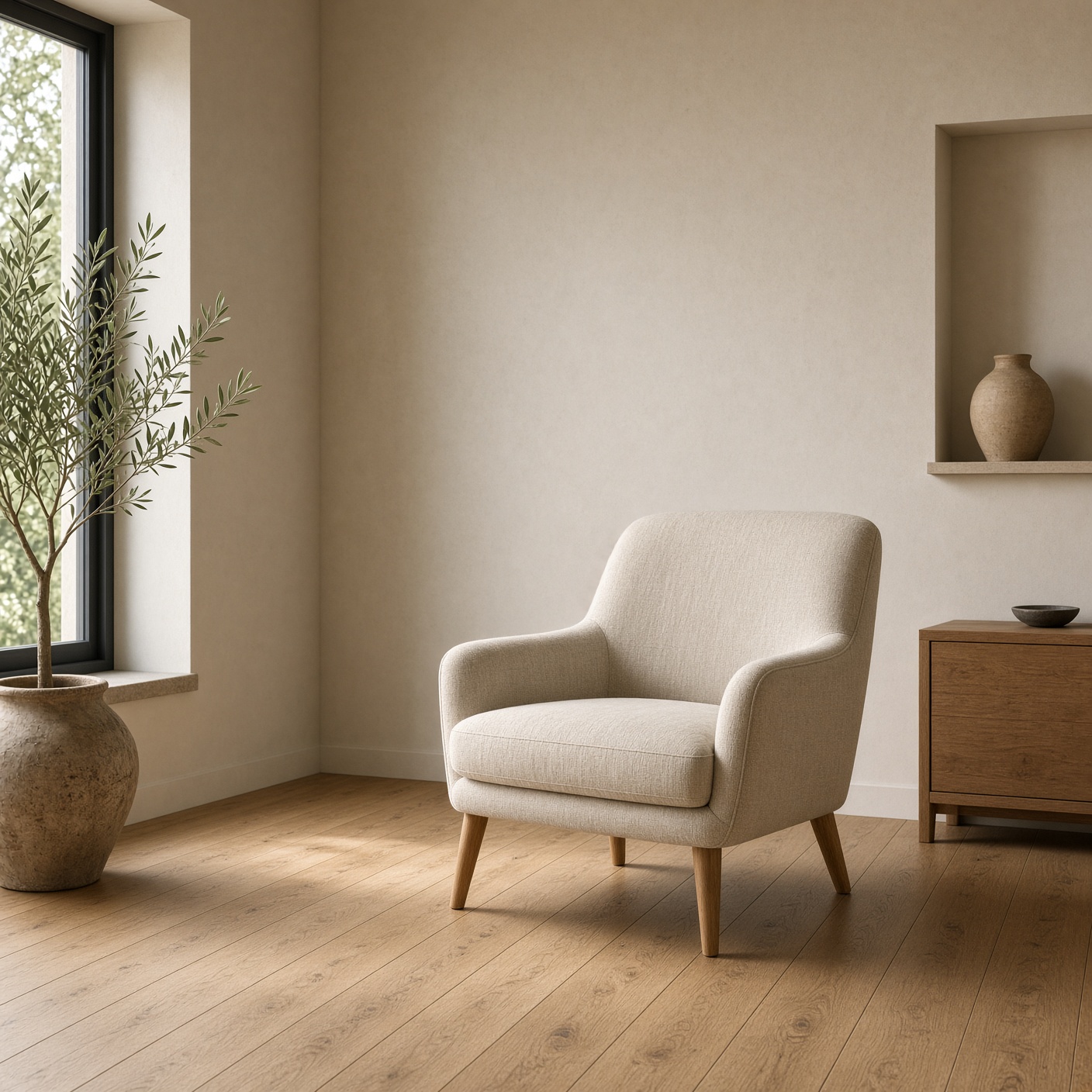 An oatmeal linen armchair on oak legs.