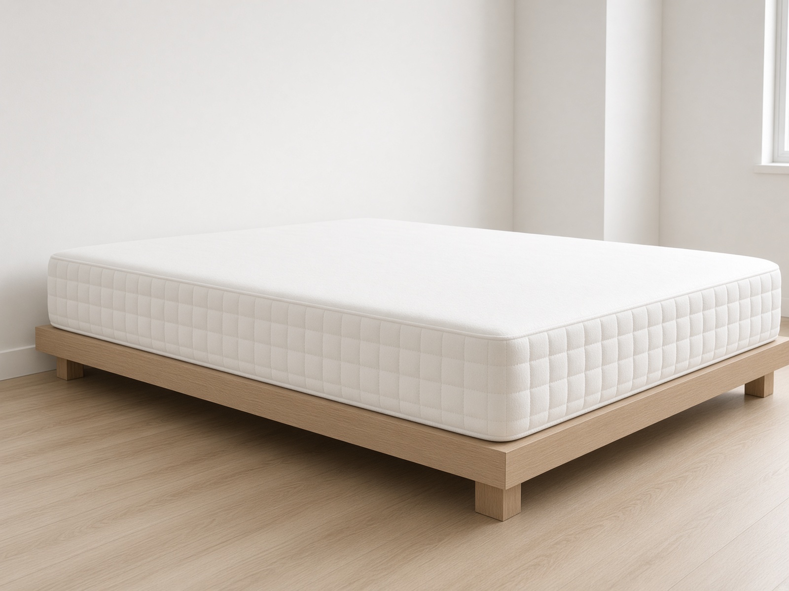 A white quilted pocket-spring mattress on a low bed.