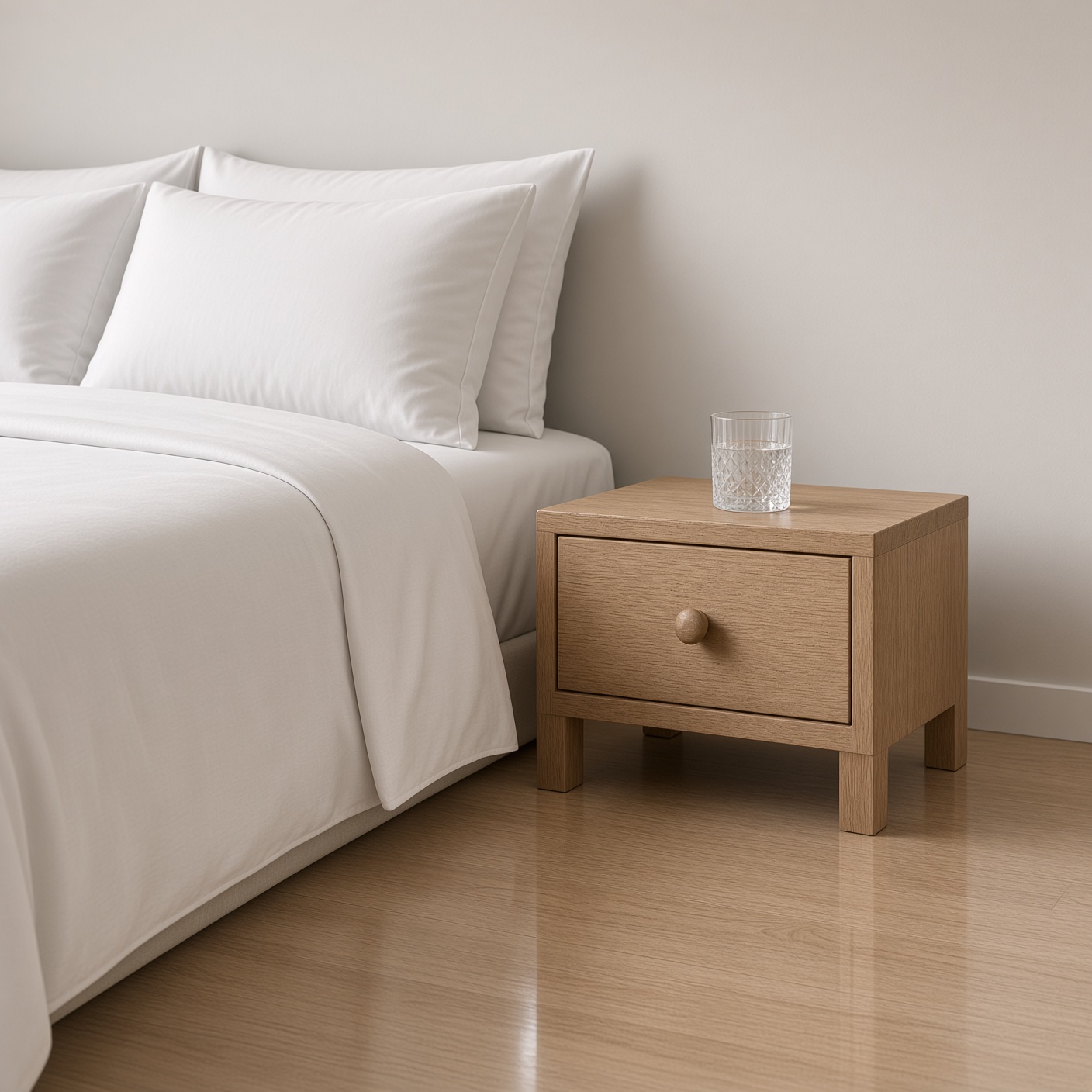 A small oak bedside table beside a bed.
