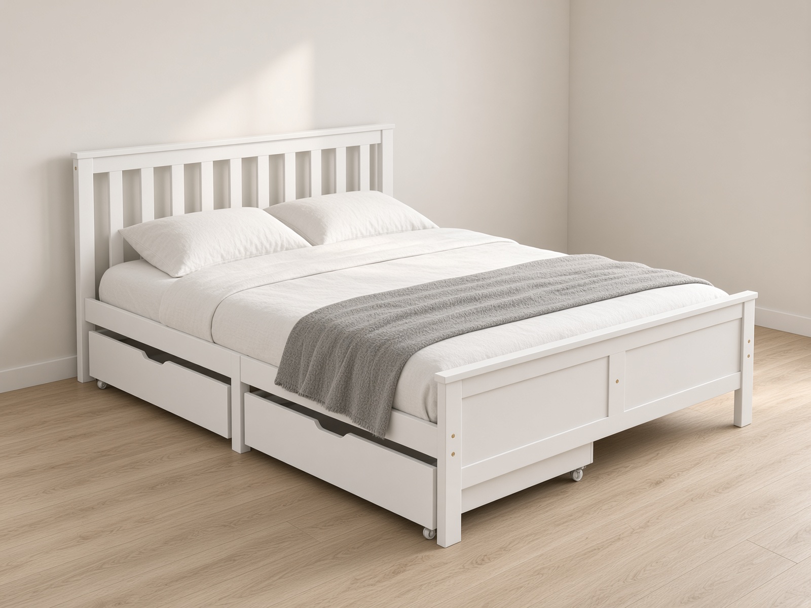 A white pine storage bed in a pale bedroom.