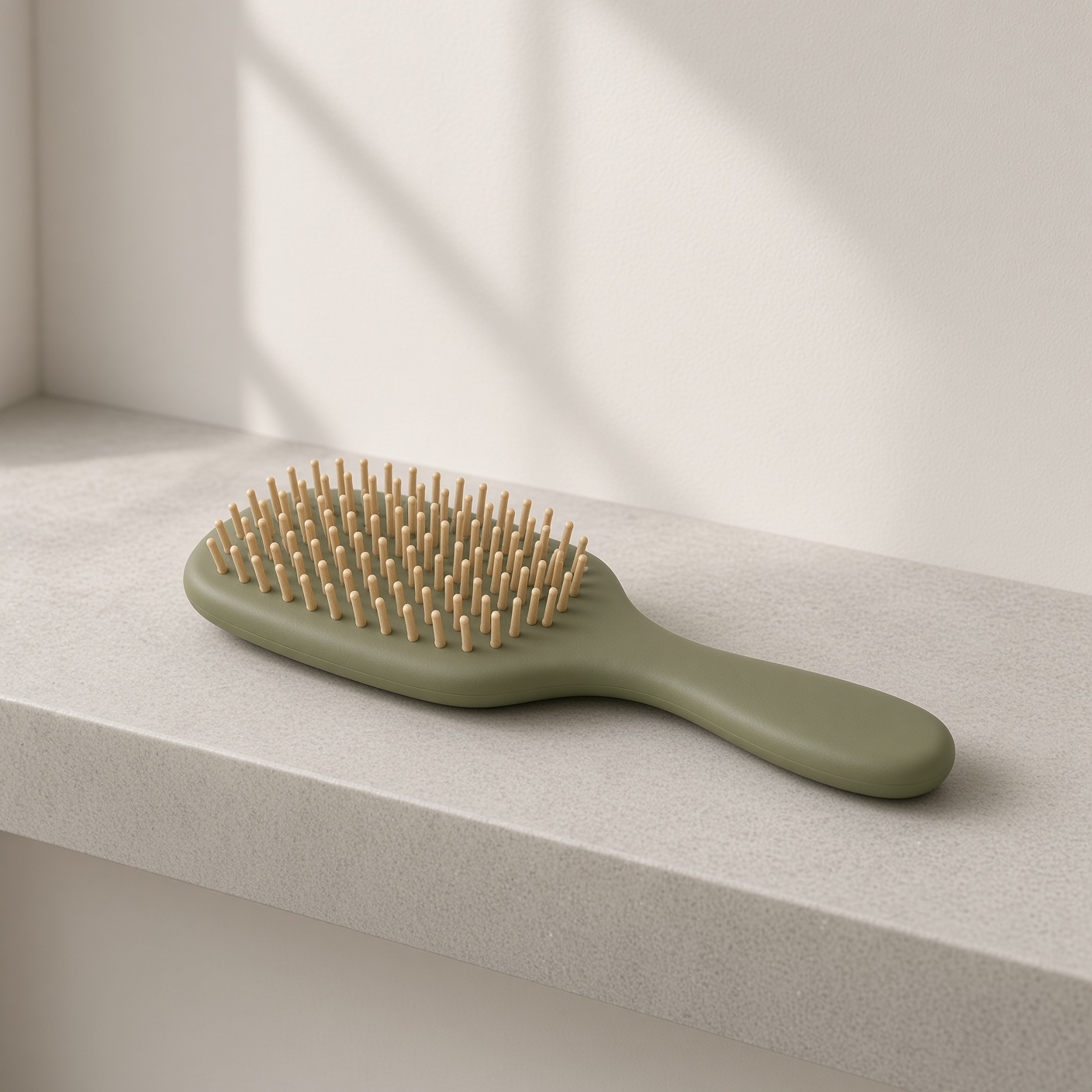 An olive paddle hairbrush on linen.