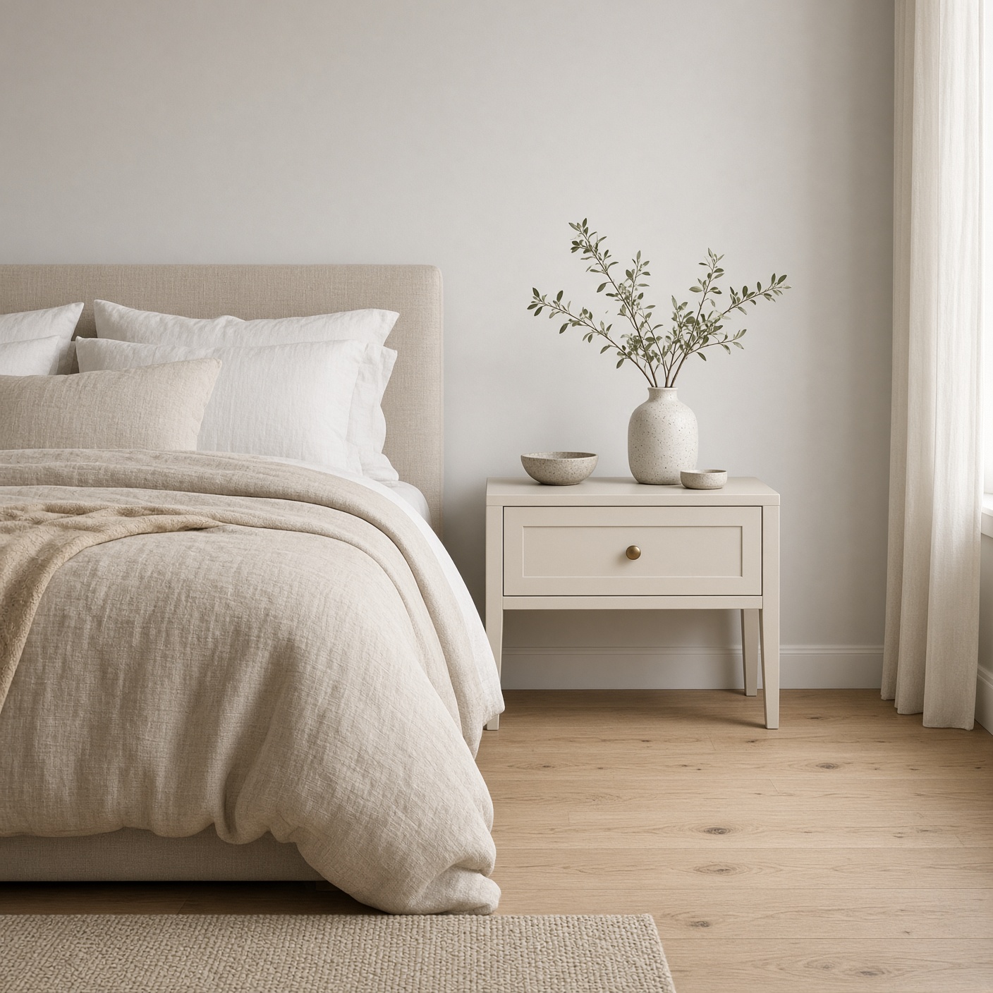 A warm-white night table with one drawer beside a bed.
