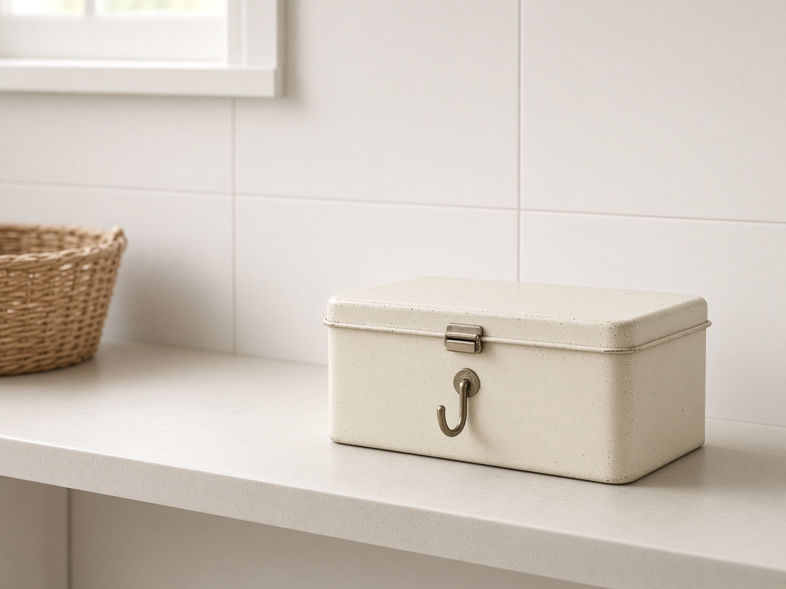 A cream steel peg tin with a hook.