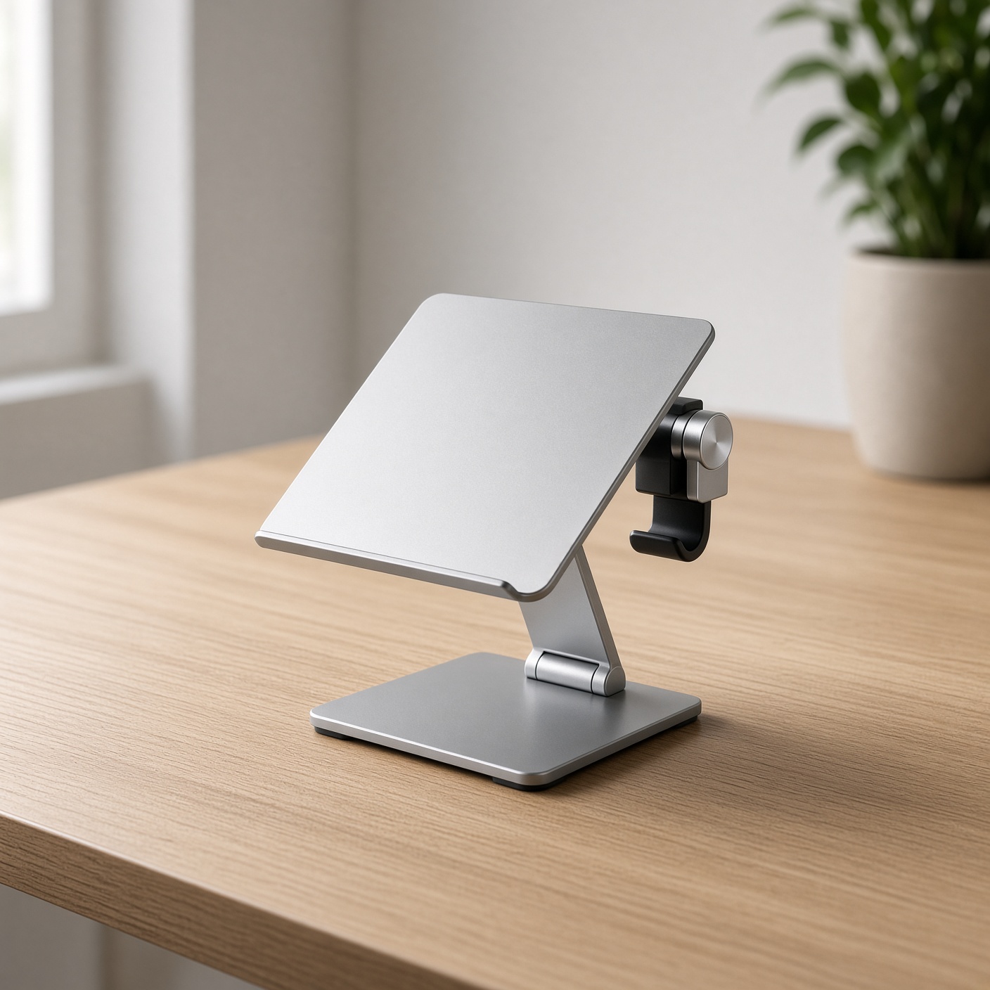 A metal laptop stand on an oak desk.