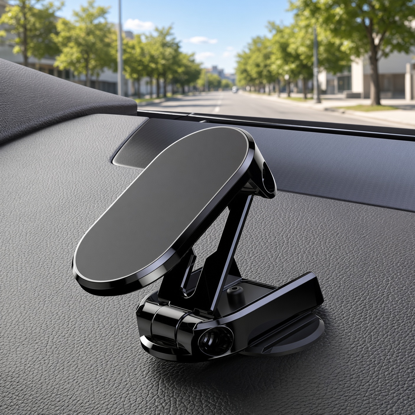 A black magnetic phone mount clipped to a car dashboard.