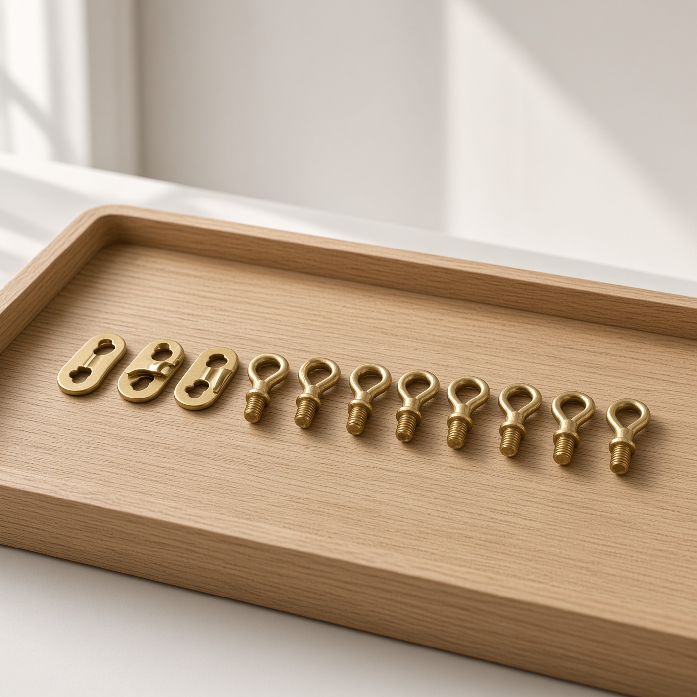A small pile of brass picture hooks.