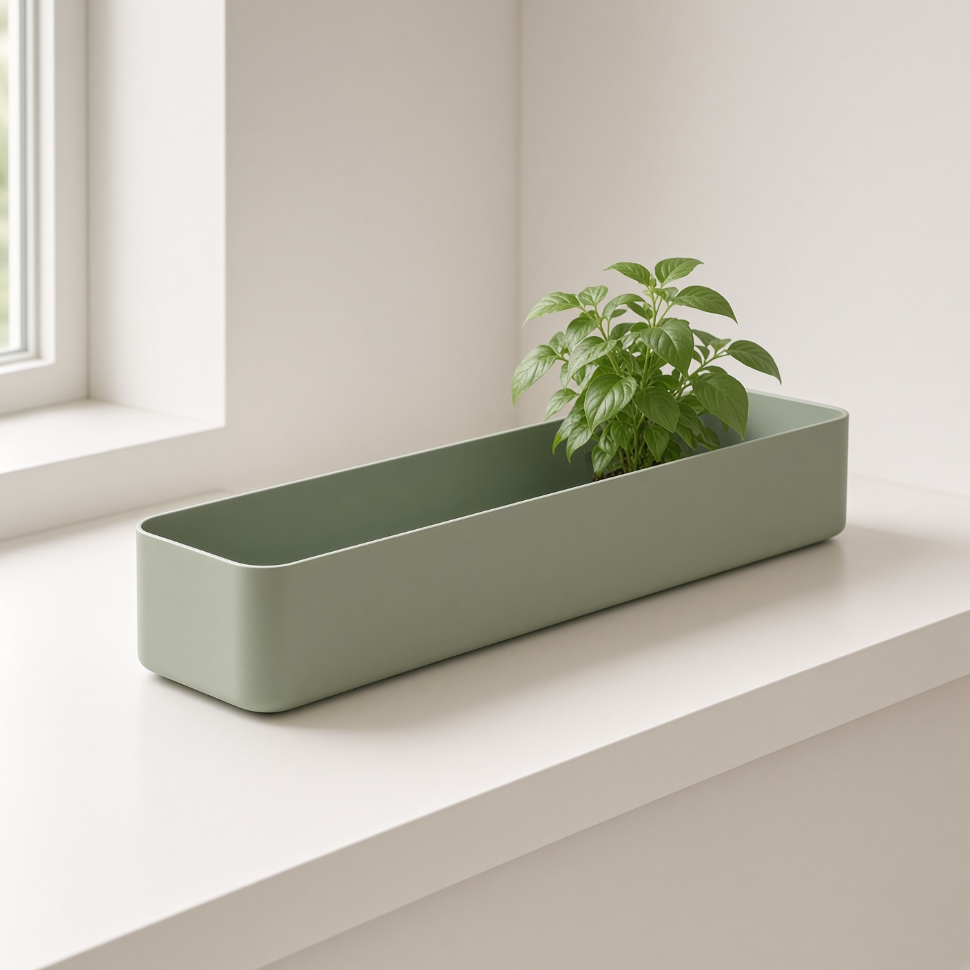 A long empty sage metal windowsill tray.
