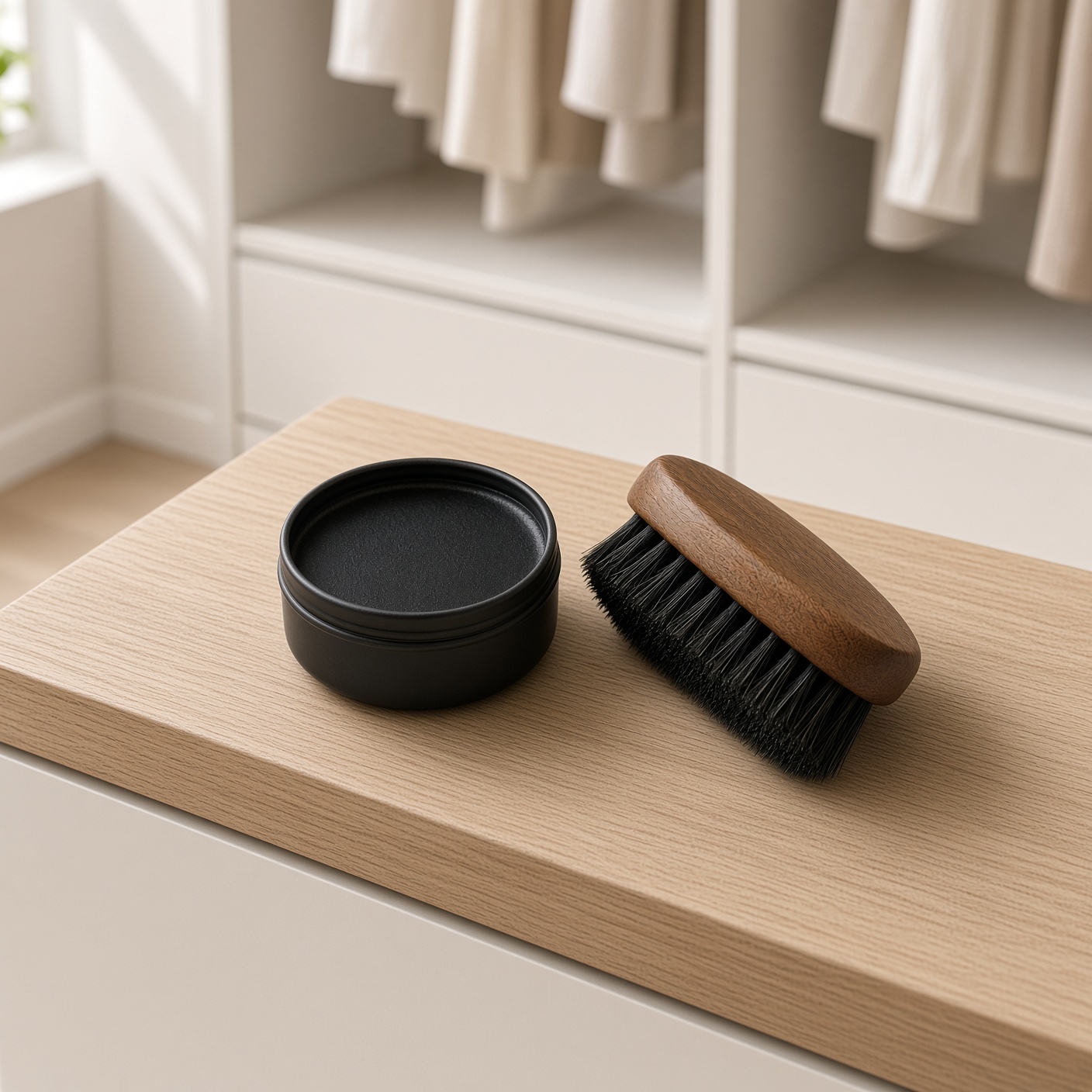 A tin of black polish and a small brush.
