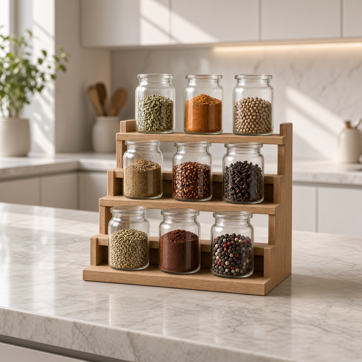 An oak spice rack with plain glass jars.