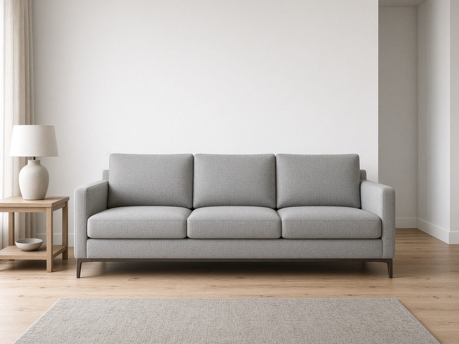 A three-seat oatmeal sofa in an empty room.