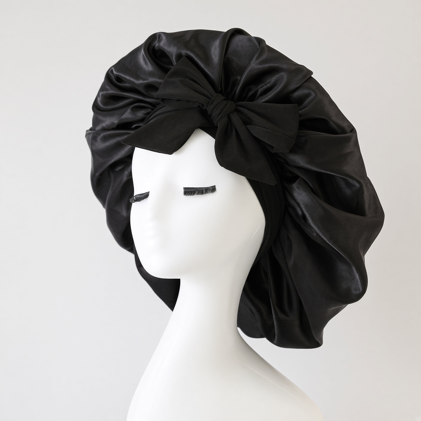 A black satin sleep cap with a bow, on a plain display head.