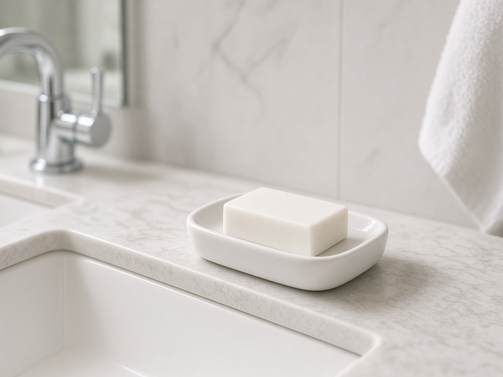 A ceramic soap dish with a plain bar of soap.