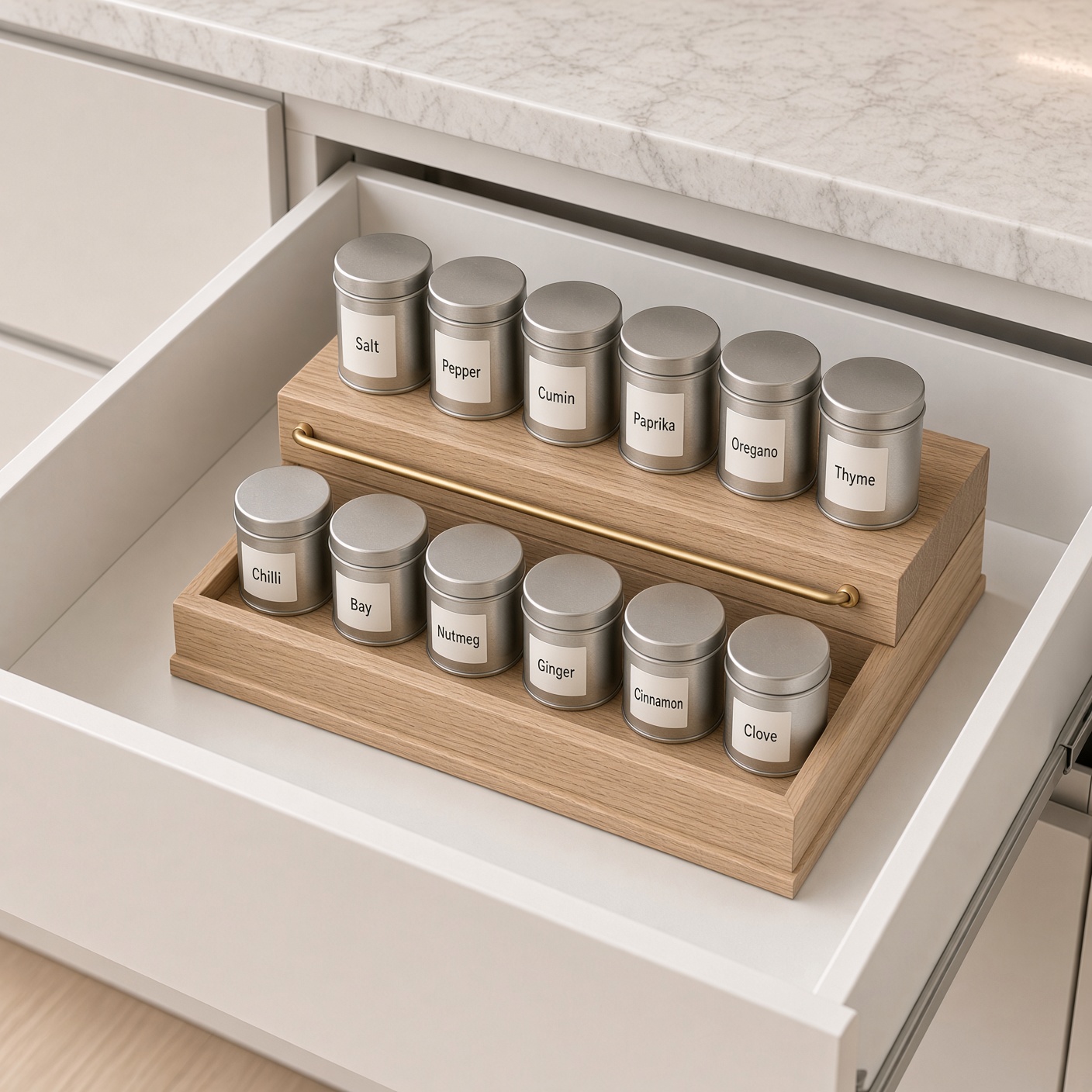 The oak riser in an open drawer, the back row of tins raised so the labels can be read.