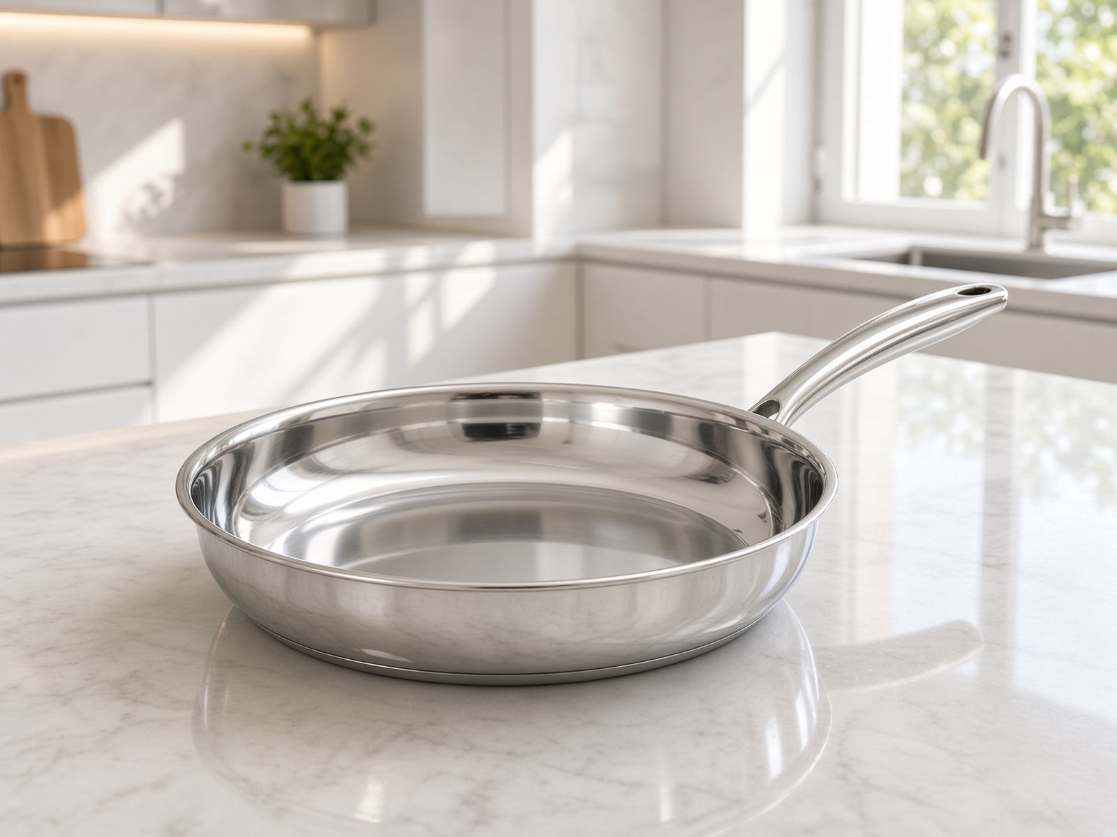 An empty stainless frying pan on a pale stone counter.