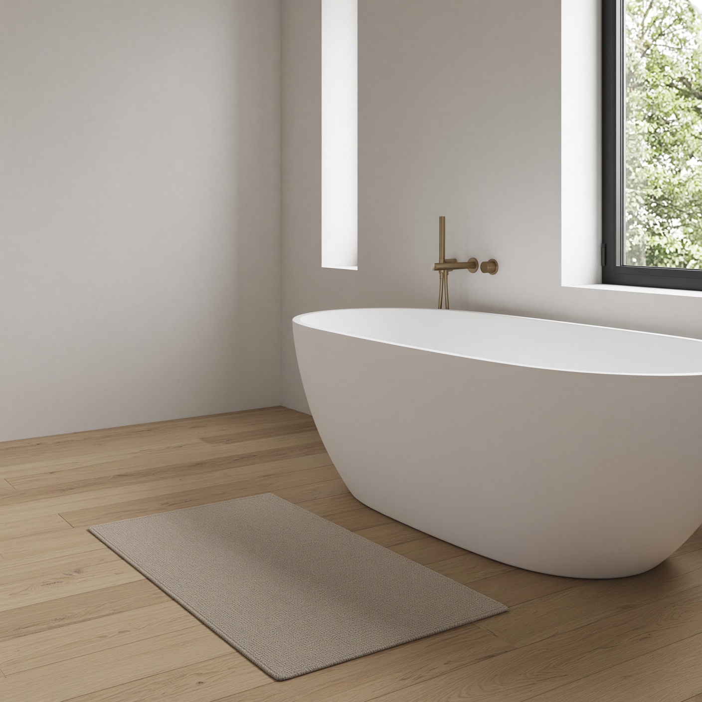 A warm grey bath mat beside a white bath.