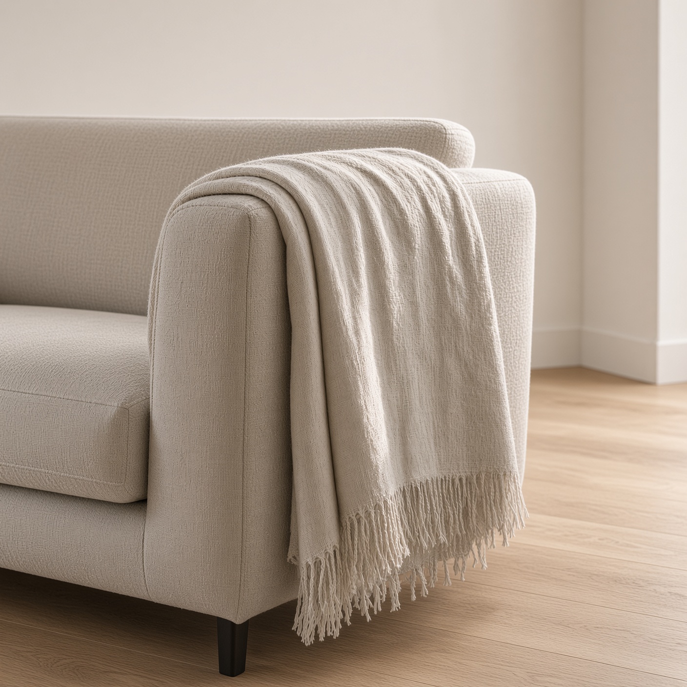 An oatmeal linen throw over the arm of a sofa.