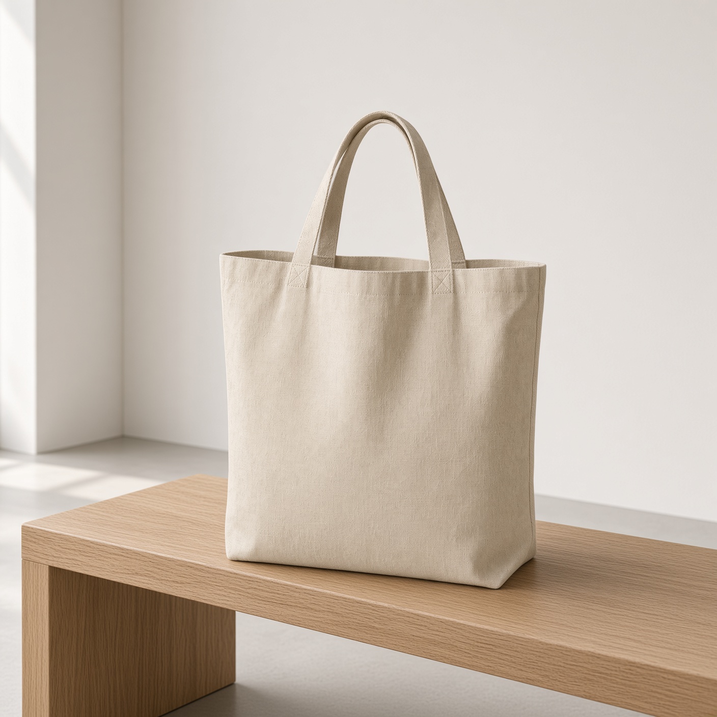 An unbleached canvas tote standing on linen.