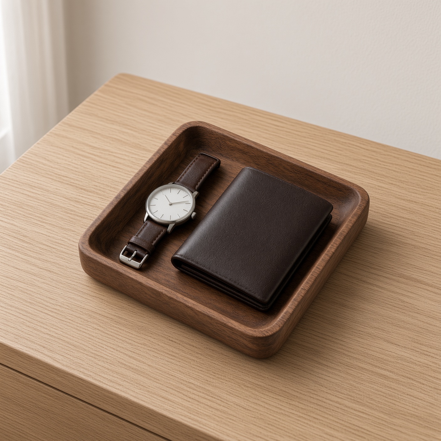 A walnut tray with a watch and a closed billfold.